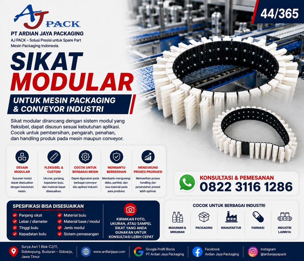 Sikat Modular untuk Mesin Packaging  dan Conveyor Industri | AJ Pack
