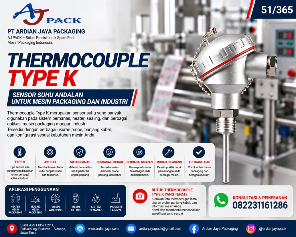 Thermocouple Type K untuk Sensor Suhu Mesin Packaging dan Industri