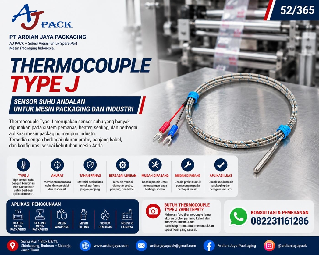 Thermocouple Type J untuk Sensor Suhu Mesin Packaging dan Industri