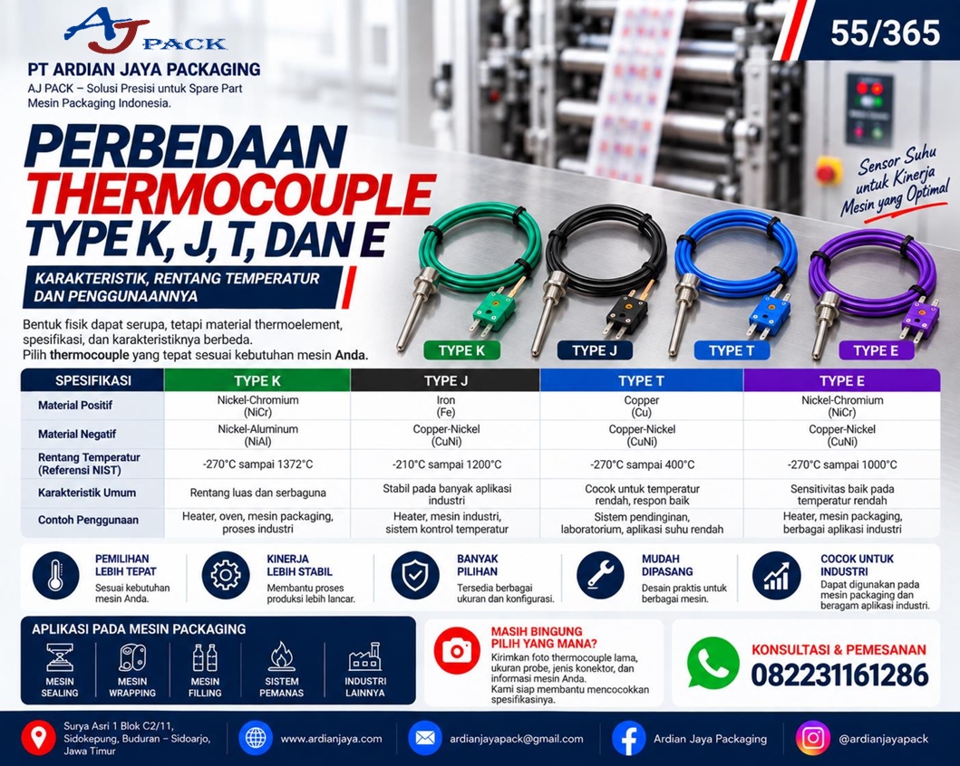 Perbedaan Thermocouple Type K, J, T, dan E serta Penggunaannya