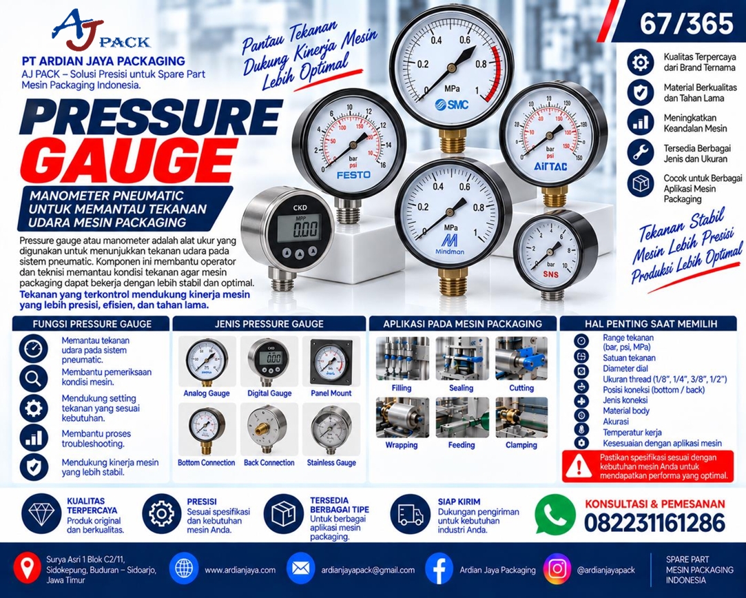 Pressure Gauge Pneumatic untuk Memantau Tekanan Udara Mesin Packaging