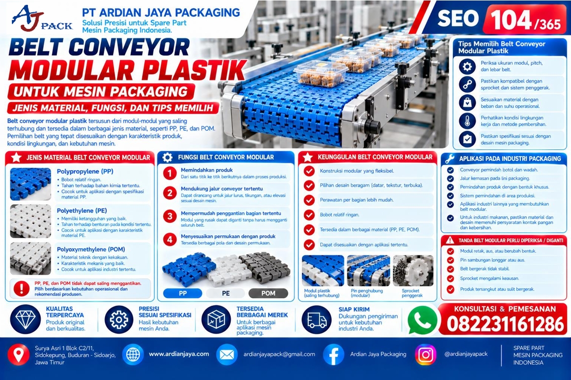 Belt Conveyor Modular Plastik untuk Mesin Packaging | AJ PACK